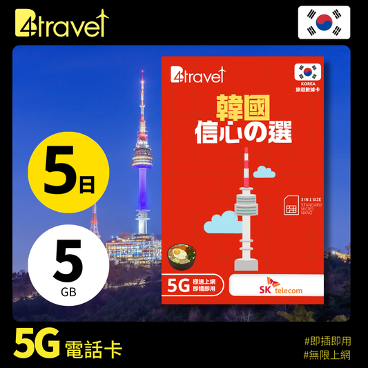 B4travel 韓國 5日 5GB 5G 無限上網卡