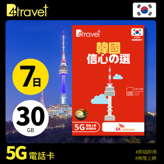 B4travel 韓國 7日 30GB 5G 無限上網卡