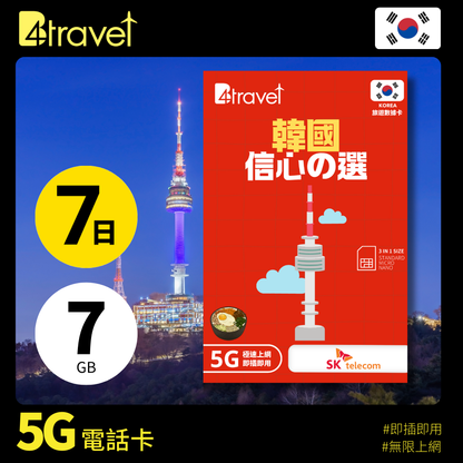 B4travel 韓國 7日 7GB 5G 無限上網卡