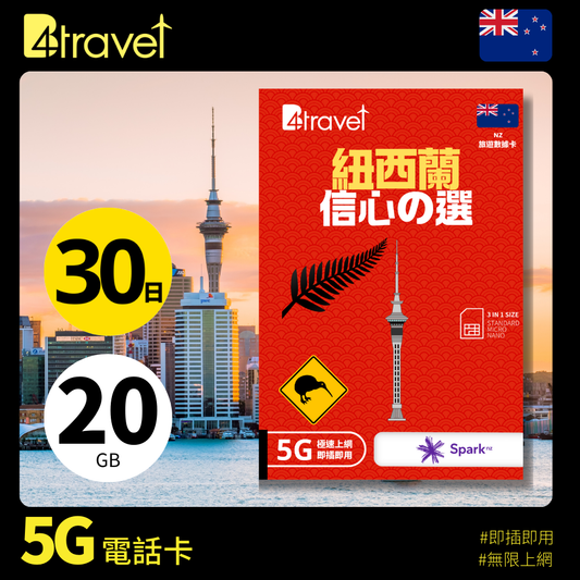 B4travel 紐西蘭 30日 20GB 5G 無限上網數據卡