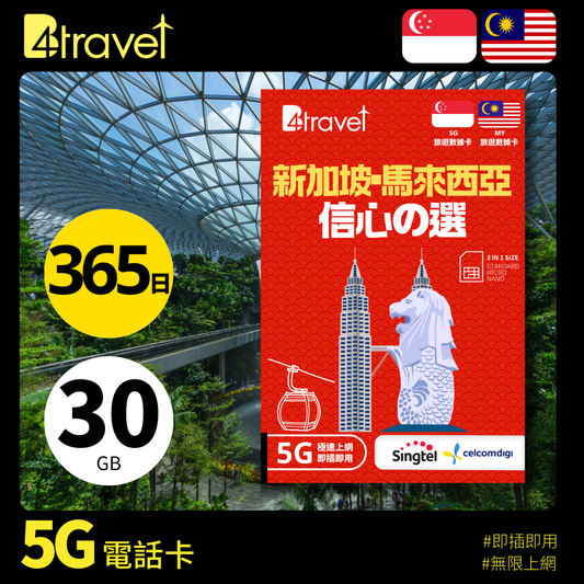 B4travel 新加坡+馬來西亞 30GB 5G 上網卡（365日/年卡）