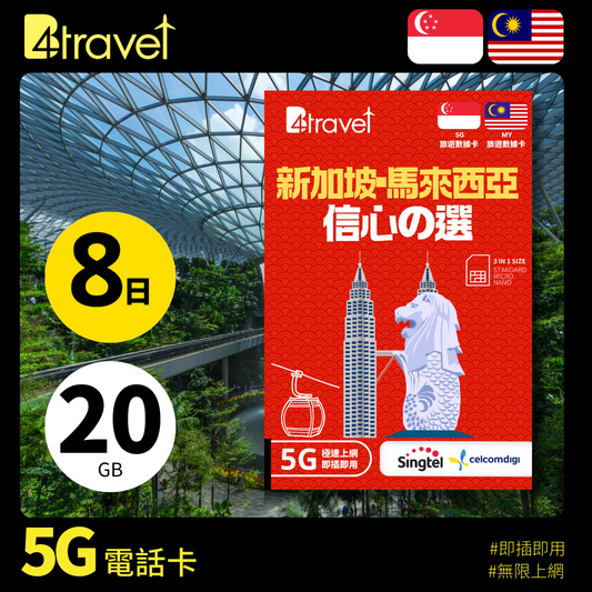 B4travel 新加坡+馬來西亞 8日 20GB 5G 無限上網卡
