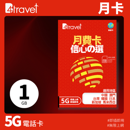 B4travel 旅遊 5G 上網月卡（每月 1GB 計劃）（限時送 2GB）