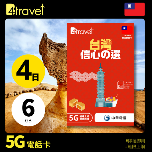 B4travel 台灣 4日 6GB 5G 無限上網數據卡