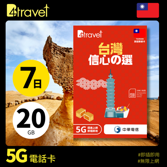 B4travel 台灣 7日 20GB 5G 無限上網數據卡