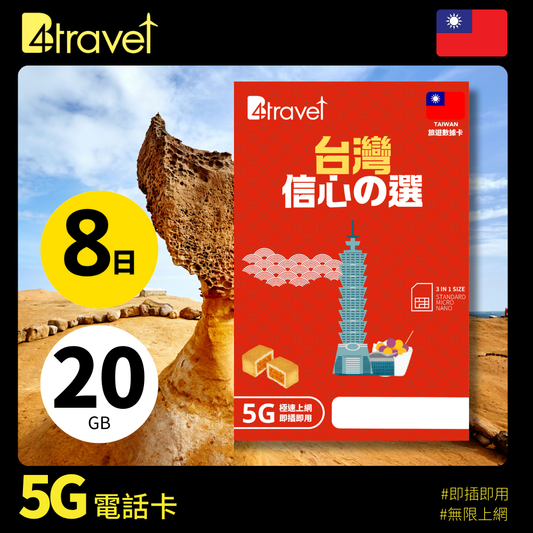B4travel 台灣 8日 20GB 5G 無限上網數據卡