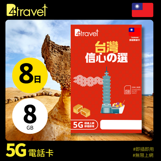 B4travel 台灣 8日 8GB 5G 無限上網數據卡
