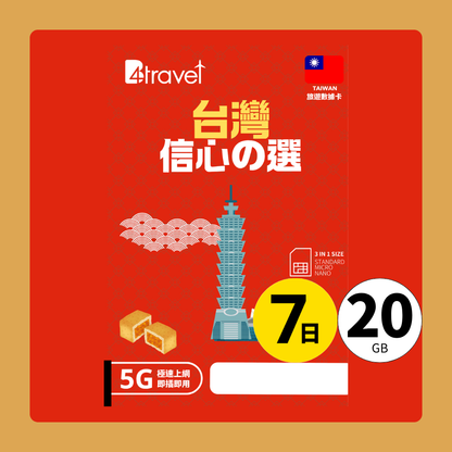 B4travel 台灣 7日 20GB 5G 無限上網數據卡