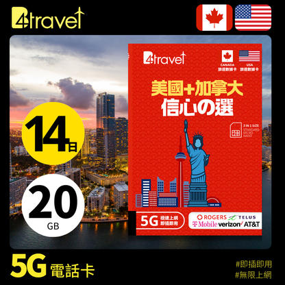 B4travel 美國+加拿大 14日 20GB 5G 無限上網數據卡