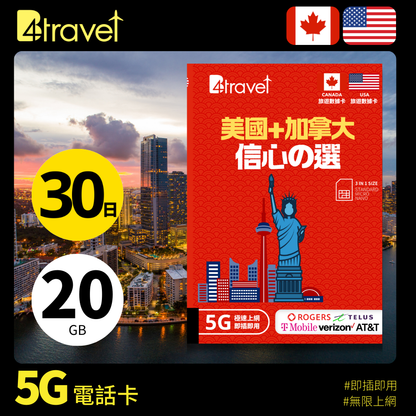 B4travel 美國+加拿大 30日 20GB 5G 無限上網數據卡