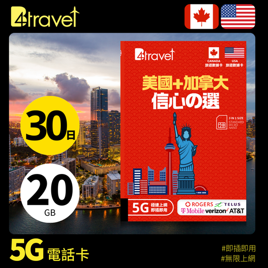 B4travel 美國+加拿大 30日 20GB 5G 無限上網數據卡