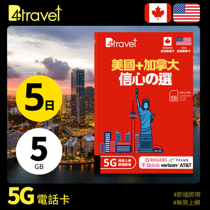 B4travel 美國+加拿大 5日 5GB 5G 無限上網數據卡