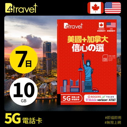 B4travel 美國+加拿大 7日 10GB 5G 無限上網數據卡