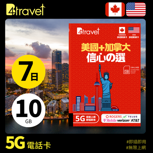 B4travel 美國+加拿大 7日 10GB 5G 無限上網數據卡