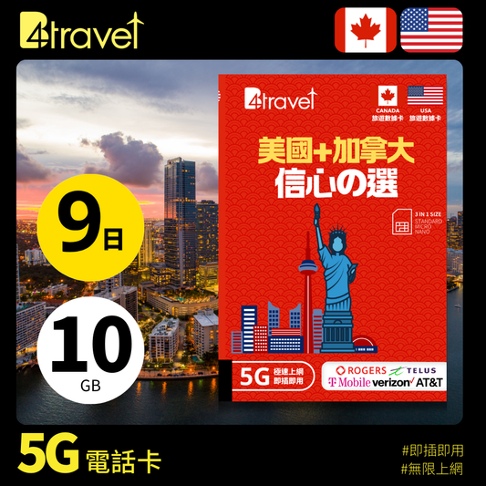 B4travel 美國+加拿大 9日 10GB 5G 無限上網數據卡