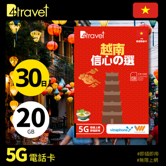 B4travel 越南 雙網絡 30日 20GB 5G 無限上網數據卡