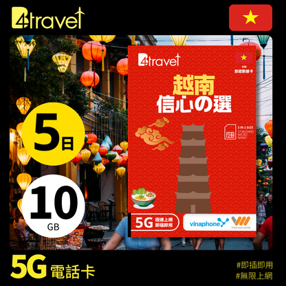 B4travel 越南 雙網絡 5日 10GB 5G 無限上網數據卡