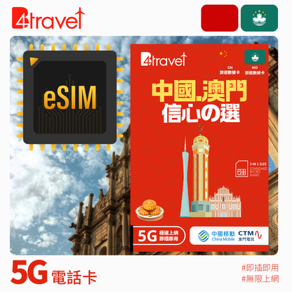 B4travel 中國+澳門 8日 15GB 5G 無限上網卡